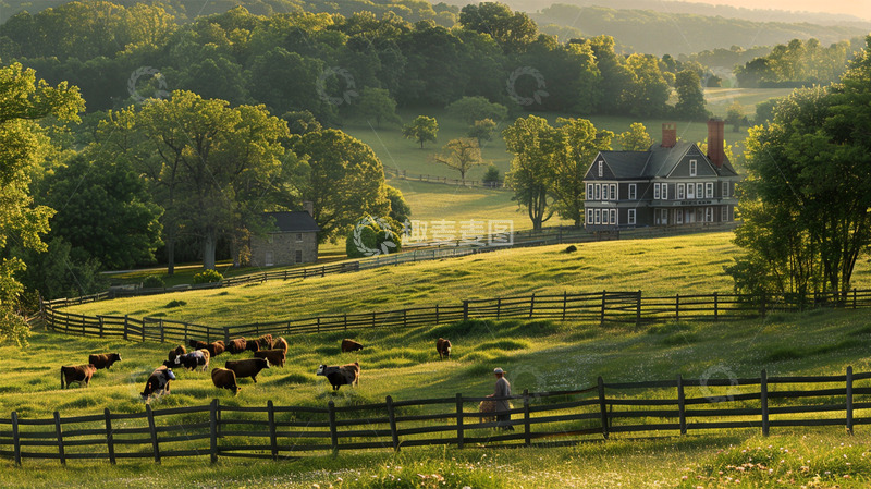 高清大图下载【趣麦麦图】农场动物植物牛房屋建筑美景