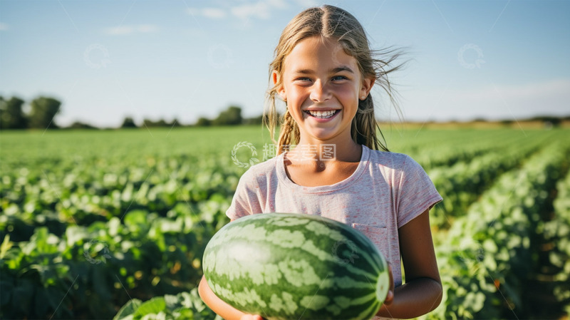 高清大图下载【趣麦麦图】小女孩夏天西瓜唯美绿色场景人物