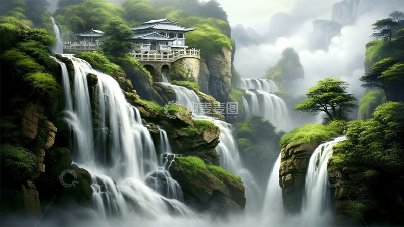 高清大图下载【趣麦麦图】中国风山水瀑布建筑绿色唯美场景