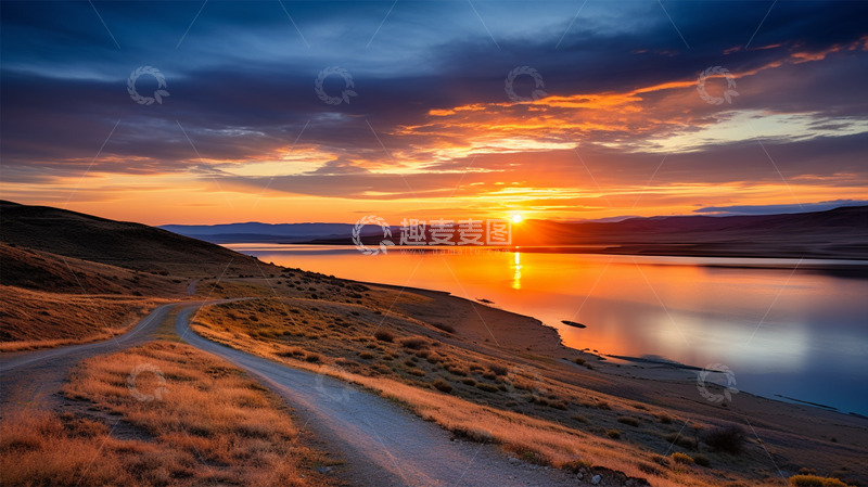 高清大图下载【趣麦麦图】夕阳河边山坡小路晚霞唯美场景