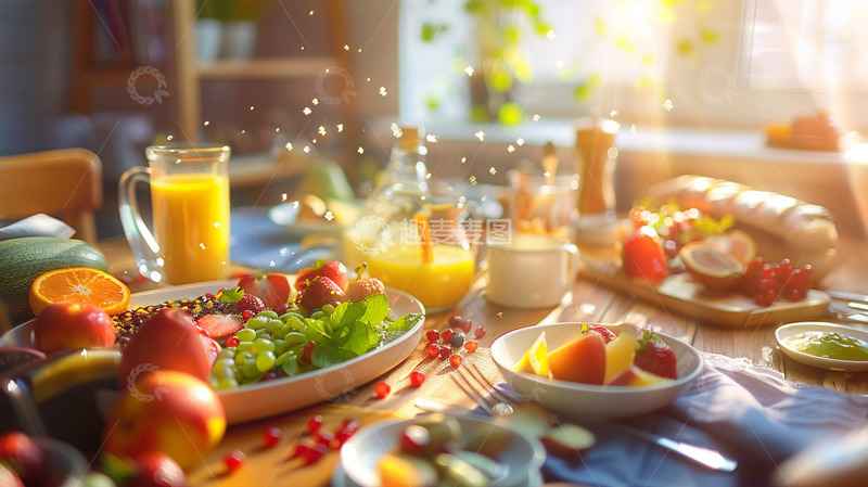 高清大图下载【趣麦麦图】早餐橙汁阳光水果面包唯美场景