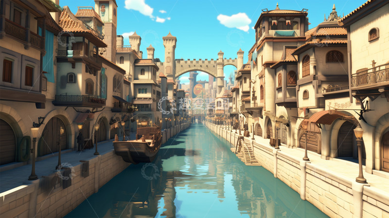 高清大图下载【趣麦麦图】建筑河道船城市蓝天白云
