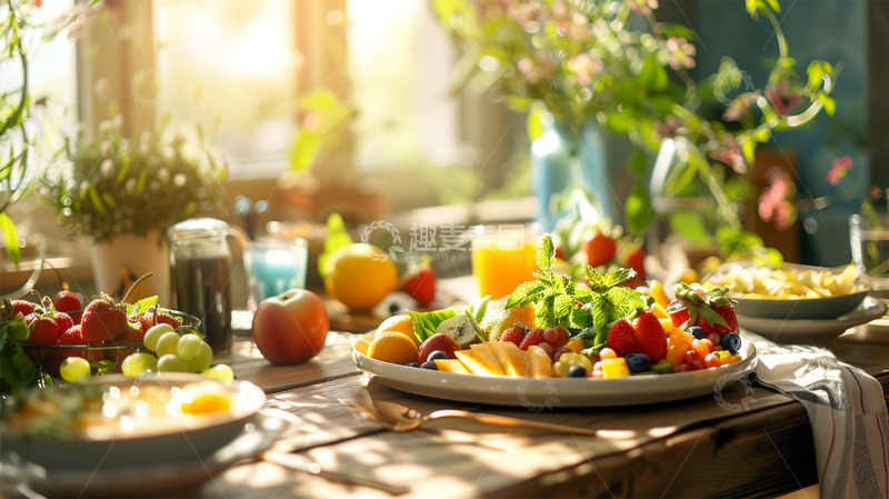 高清大图下载【趣麦麦图】水果早餐草莓果盘果汁阳光唯美场景