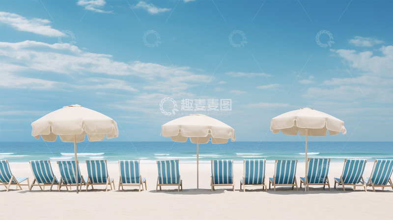 高清大图下载【趣麦麦图】海边沙滩躺椅白色蓝色遮阳伞场景