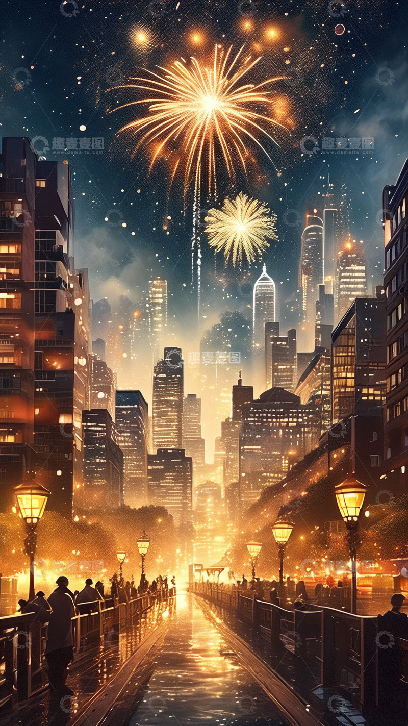 高清大图下载【趣麦麦图】城市街景烟花节日庆祝
