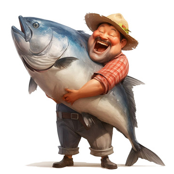 抱着大鱼开心的渔民