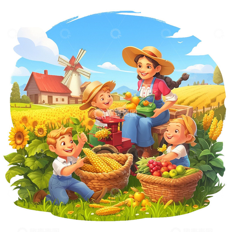 高清大图下载【趣麦麦图】一家人劳作丰收景象