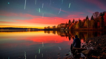 湖边植物建筑人物流星光效唯美场景