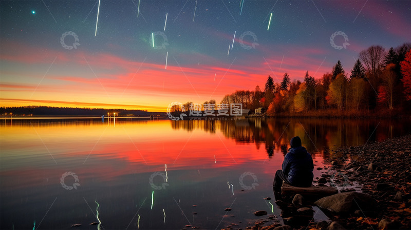 高清大图下载【趣麦麦图】湖边植物建筑人物流星光效唯美场景