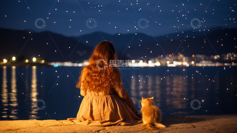 高清大图下载【趣麦麦图】海边夜晚小女孩背影猫唯美场景