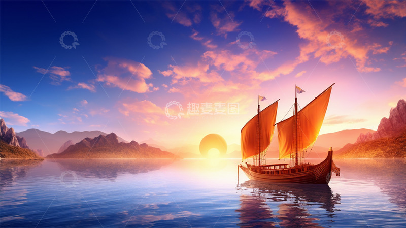 高清大图下载【趣麦麦图】帆船太阳水面暖色调唯美场景