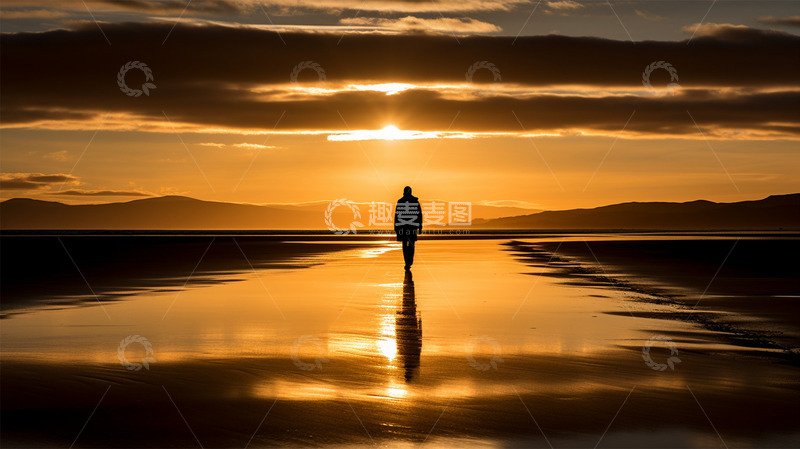 高清大图下载【趣麦麦图】海边落日夕阳金色唯美人物场景