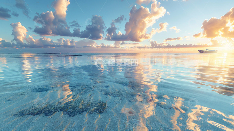 高清大图下载【趣麦麦图】海边船阳光清澈水倒影唯美场景