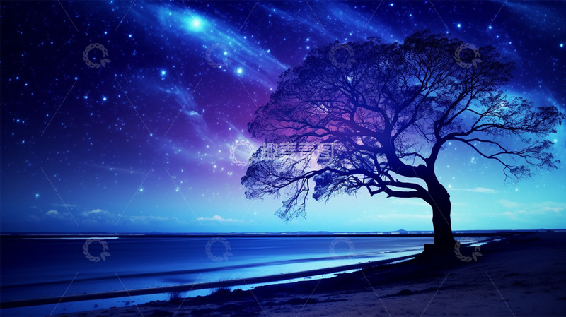 高清大图下载【趣麦麦图】梦幻蓝色紫色星空植物大树河边唯美场景