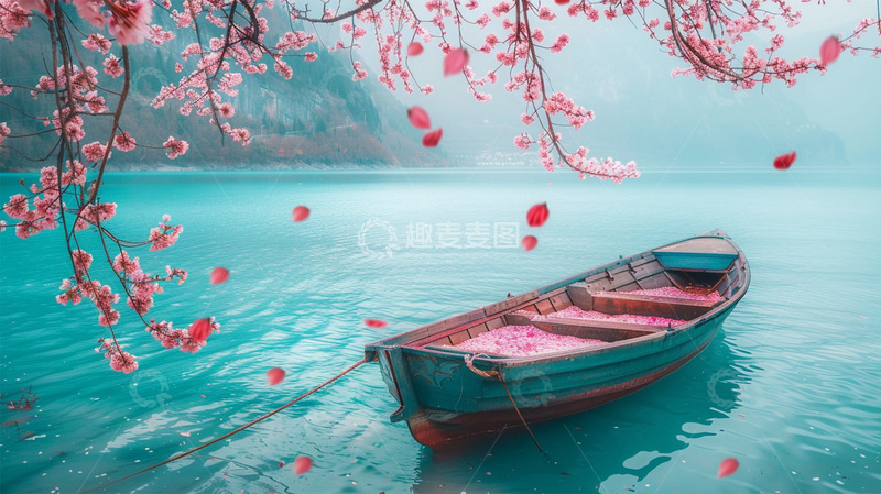 高清大图下载【趣麦麦图】湖水水面船花瓣鲜花唯美场景