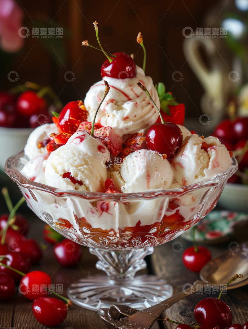 高清大图下载【趣麦麦图】车厘子水果冰淇淋