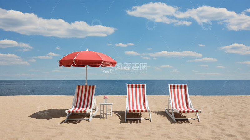 高清大图下载【趣麦麦图】海边沙滩蓝天白云躺椅红色场景