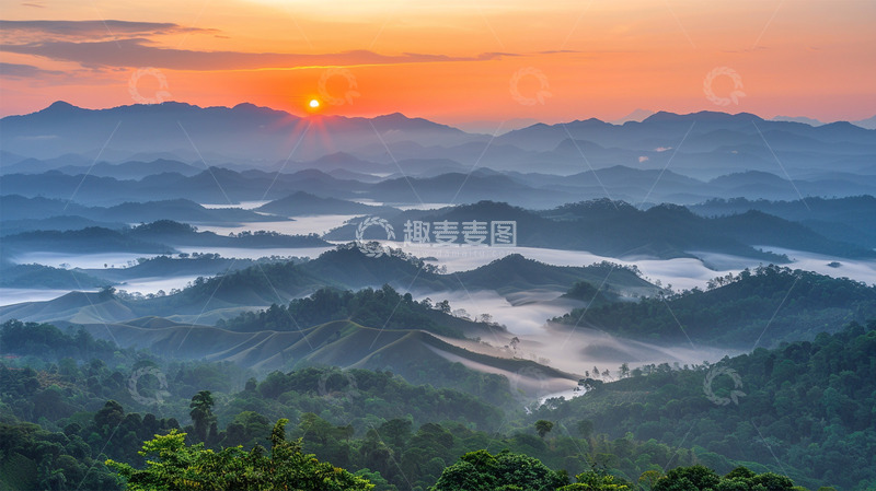 高清大图下载【趣麦麦图】山峦云雾夕阳植物唯美场景
