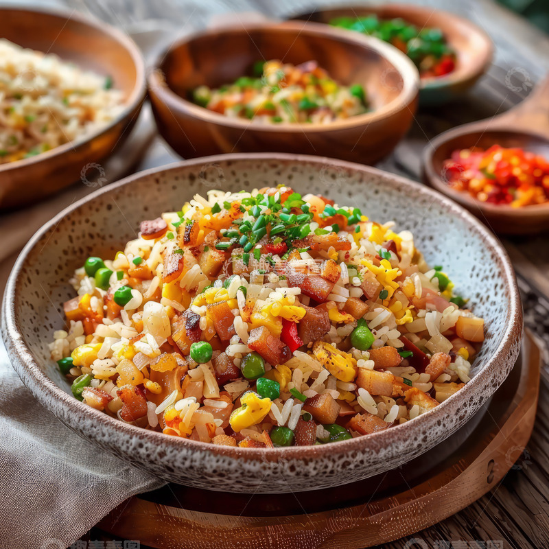 高清大图下载【趣麦麦图】火腿肠玉米粒胡萝卜丁蛋炒饭