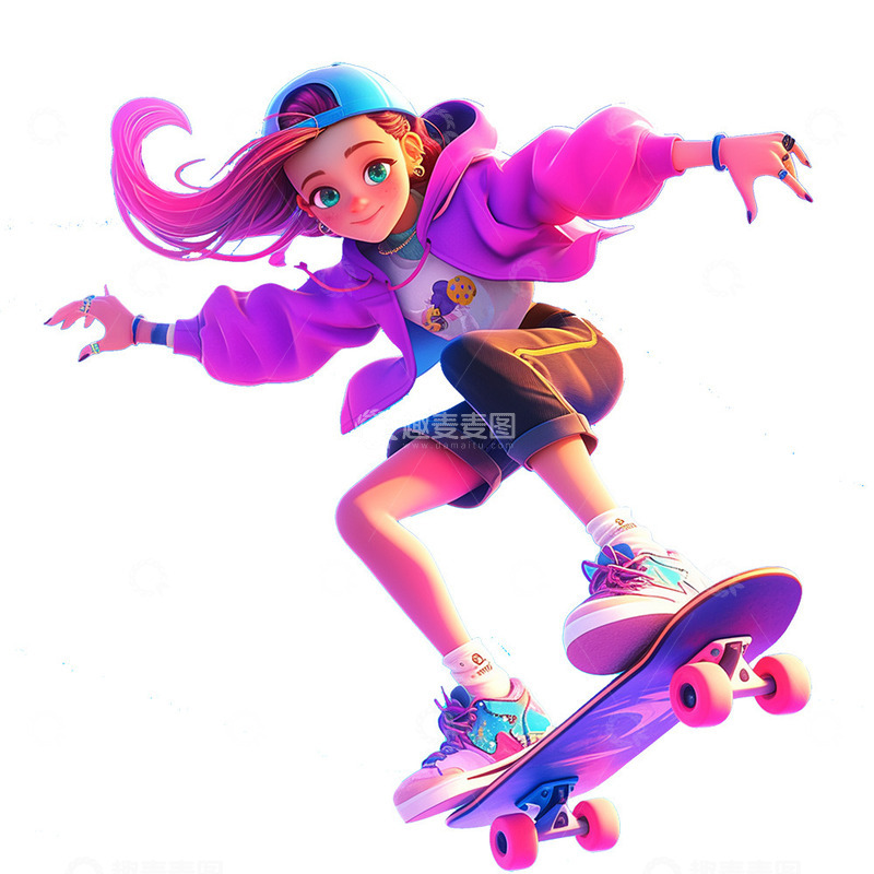 高清大图下载【趣麦麦图】卡通女孩滑板青年