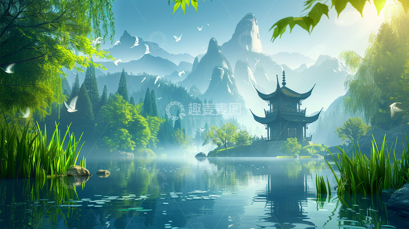 高清大图下载【趣麦麦图】中国风建筑山水绿色植物唯美风景