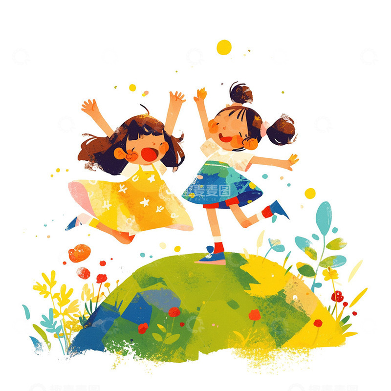 高清大图下载【趣麦麦图】草坪跳跃女孩