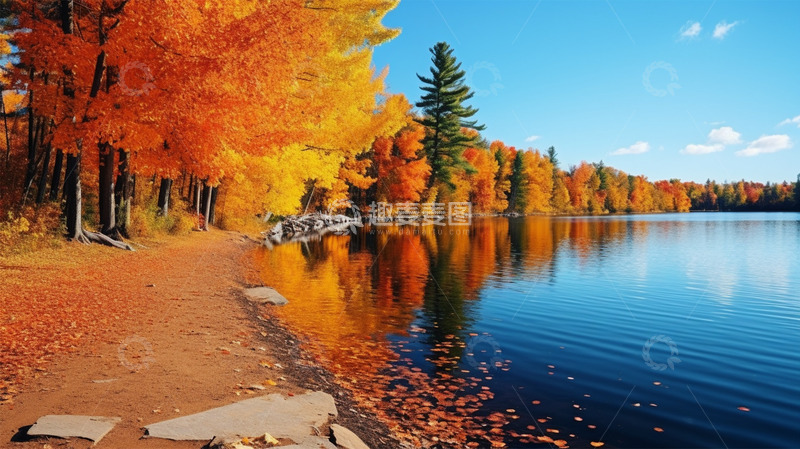 高清大图下载【趣麦麦图】秋天暖色湖边唯美场景风景