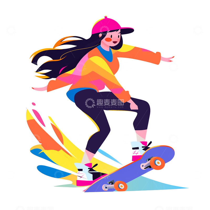 高清大图下载【趣麦麦图】粉帽子滑板女孩