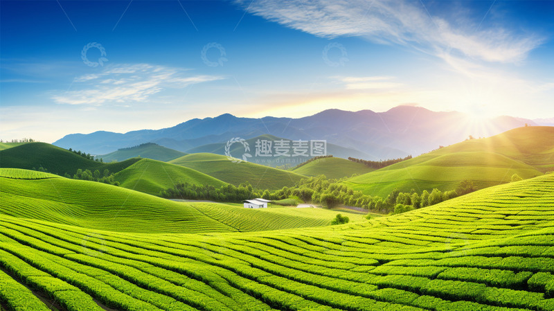 高清大图下载【趣麦麦图】农田茶田整齐阳光绿色渐变场景