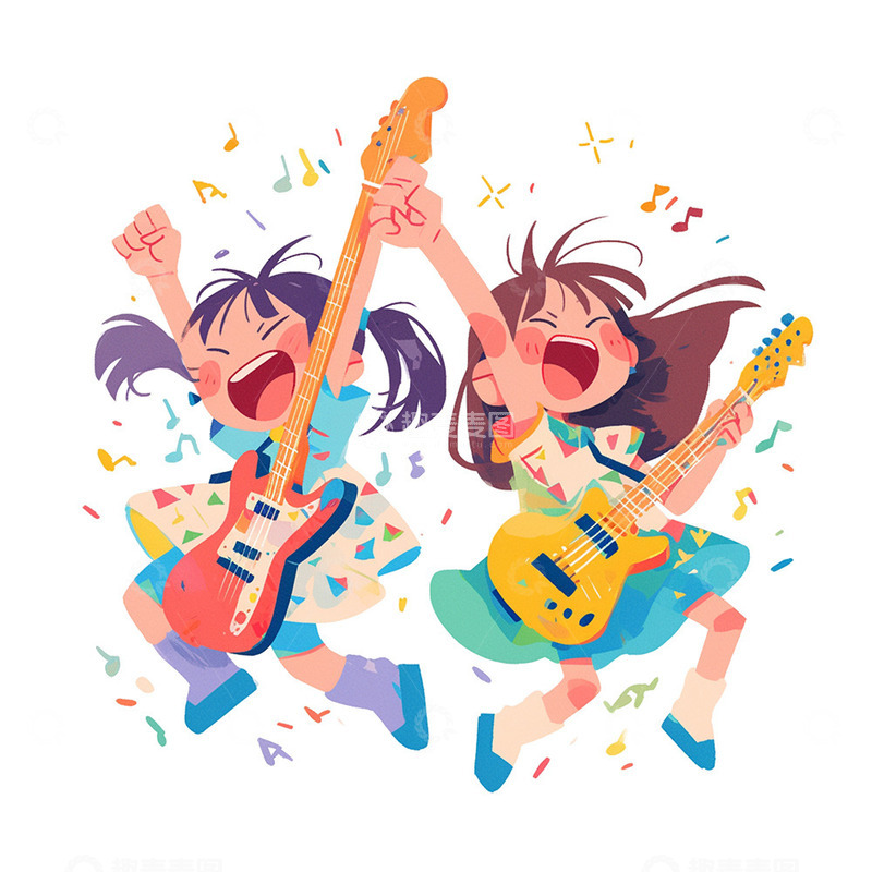 高清大图下载【趣麦麦图】开心跳跃吉他女孩