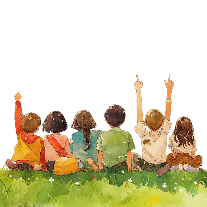 高清大图下载【趣麦麦图】卡通草坪背影