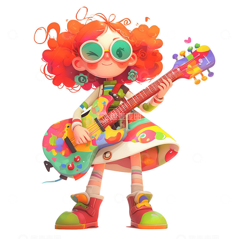 高清大图下载【趣麦麦图】卡通吉他少女