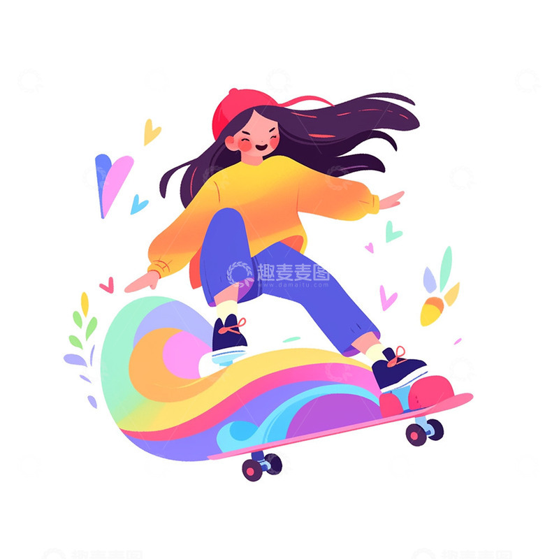 高清大图下载【趣麦麦图】五四卡通滑板女孩
