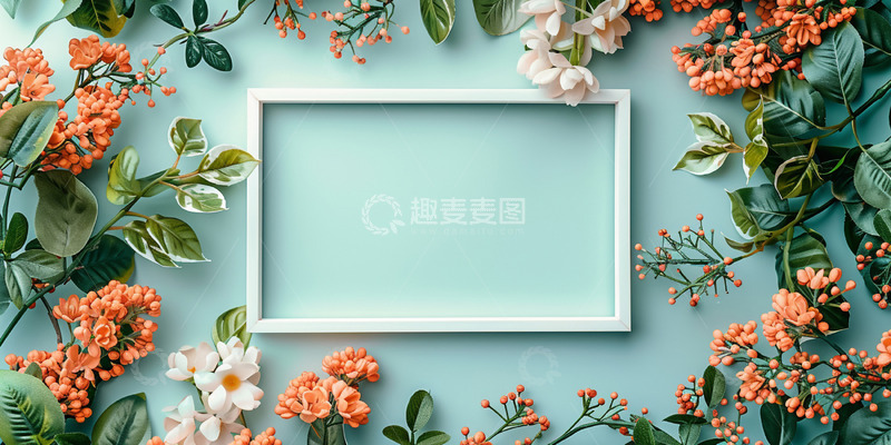 高清大图下载【趣麦麦图】蓝底绿叶相框背景