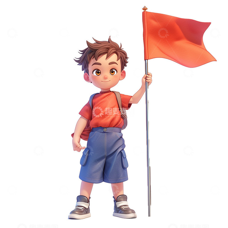 高清大图下载【趣麦麦图】手拿红色旗帜的男孩