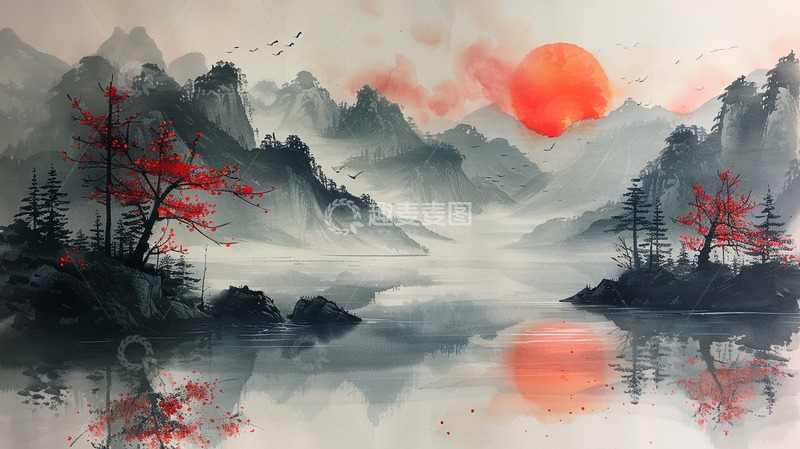 高清大图下载【趣麦麦图】夕阳红水墨画