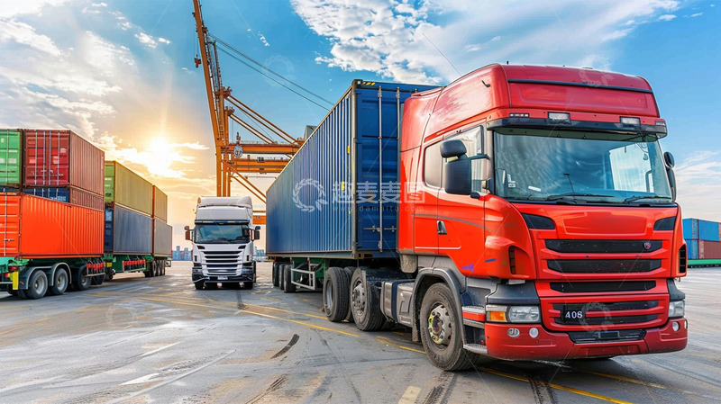 高清大图下载【趣麦麦图】红色卡车货车集装箱运输物流阳光
