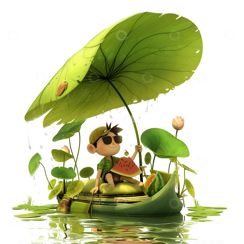 高清大图下载【趣麦麦图】夏日荷叶男孩