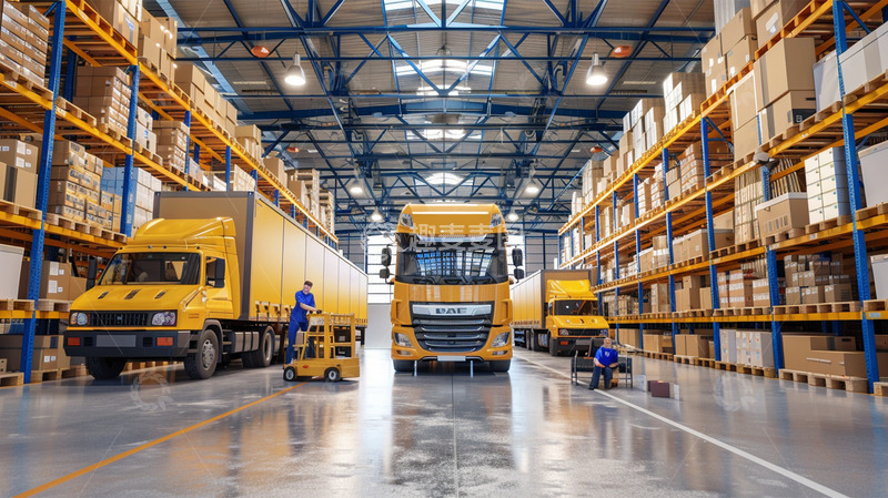 高清大图下载【趣麦麦图】卡车货物运输黄色物流仓库员工工作