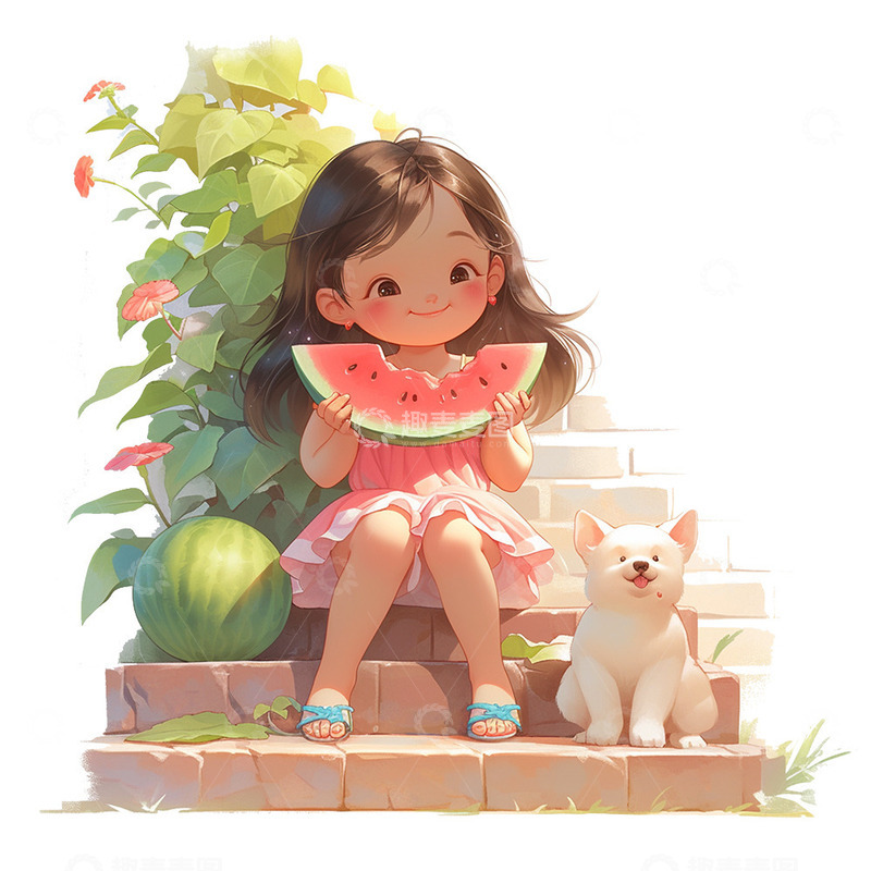 高清大图下载【趣麦麦图】卡通女孩吃西瓜