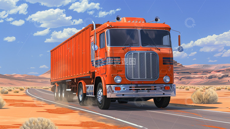 高清大图下载【趣麦麦图】卡车红色货车沙漠公路运输物流