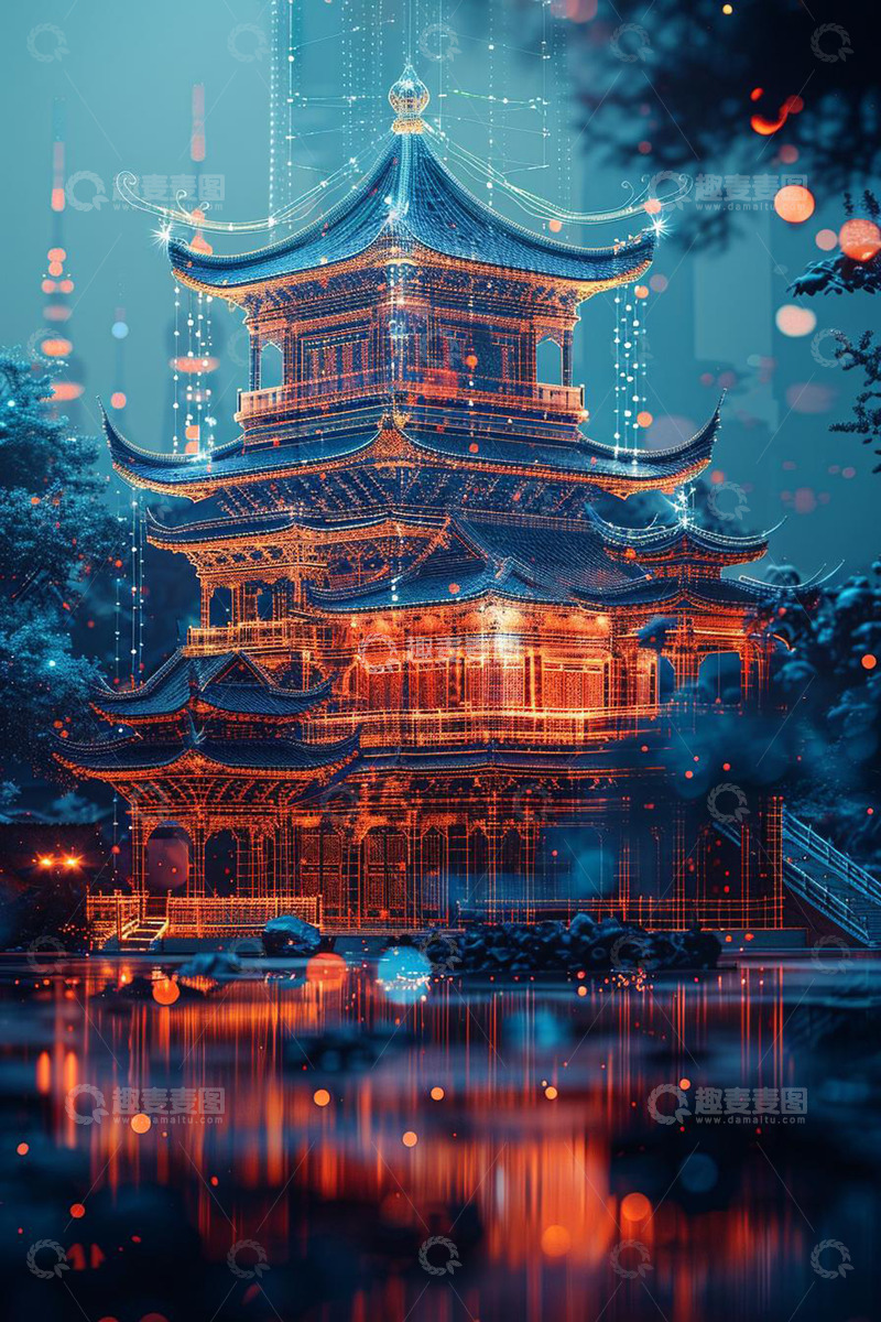 高清大图下载【趣麦麦图】古代建筑全息投影