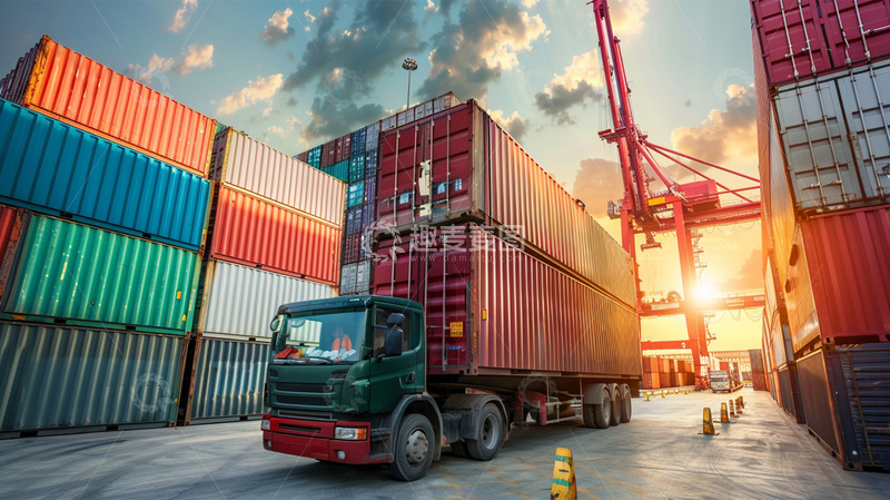 高清大图下载【趣麦麦图】卡车货车集装箱运输物流塔吊场景