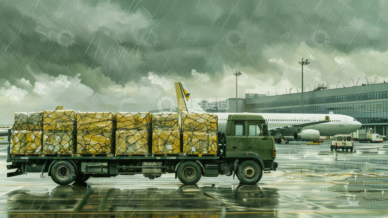 高清大图下载【趣麦麦图】货车飞机货物机场下午物流运输场景