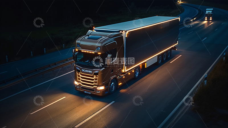 高清大图下载【趣麦麦图】卡车汽车货物物流运输夜晚公路场景