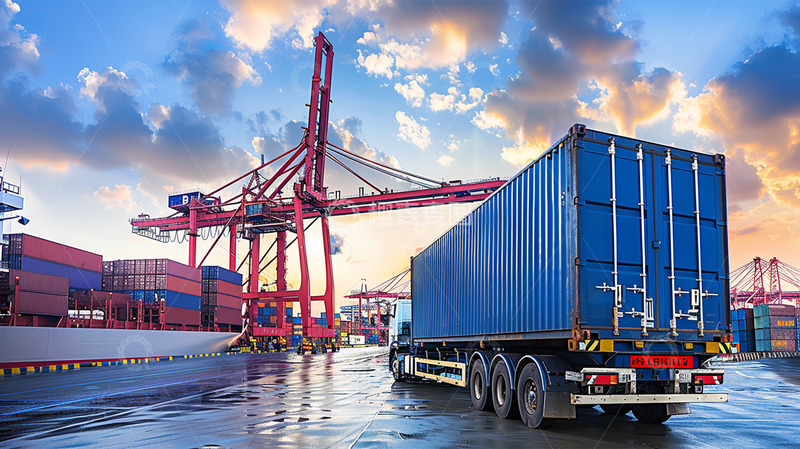 高清大图下载【趣麦麦图】蓝色货车卡车塔吊物流运输场景