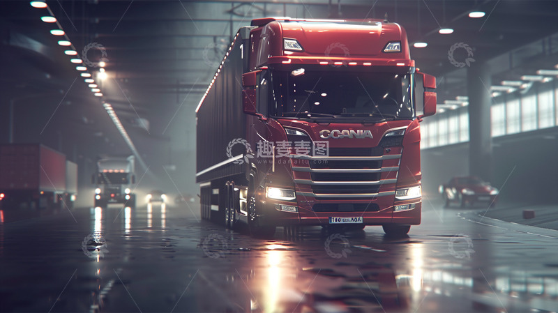 高清大图下载【趣麦麦图】红色货车货物卡车仓库场景