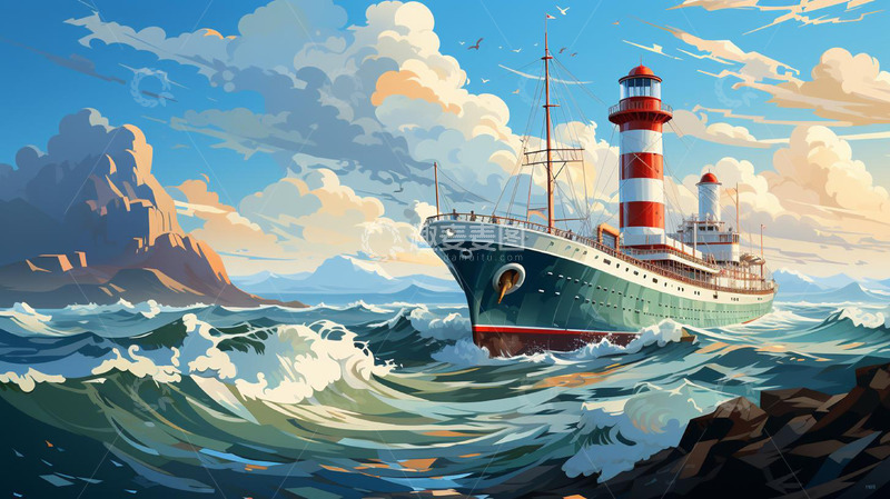 高清大图下载【趣麦麦图】海面灯塔轮船手绘