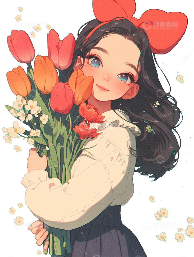 高清大图下载【趣麦麦图】怀抱郁金香的美丽少女