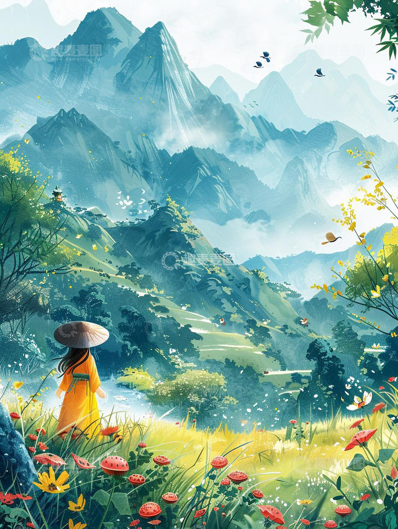 高清大图下载【趣麦麦图】浅绿色山脉田野风景